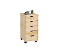 Caisson de bureau LAGOS meuble de rangement sur roulettes avec 5 tiroirs, en pin massif finition vernis naturel