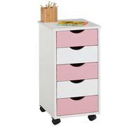 IDIMEX Caisson de Bureau Lagos L 35 cm, en Bois Massif, Blanc et Rose, Meuble de Rangement sur roulettes avec 5 tiroirs, idéal pour Chambre et Bureau