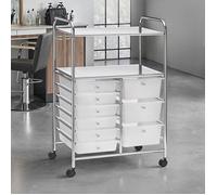 IDIMEX Caisson sur roulettes Marita Chariot avec 9 tiroirs en Plastique Blanc Transparent et 2 étagères avec Anneau Porte sèche Cheveux, Meuble de Rangement pour Salle de Bain en métal chromé
