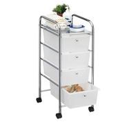 Caisson sur roulettes SANO chariot avec 4 tiroirs en plastique blanc transparent et 1 étagère, rangement salle de bain métal chromé