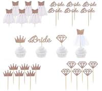 Cake Topper Bridal 24 Pièces Rose Gold Glitter Bride Cupcake Toppers with Diamond,Crown,Bride,3D Wedding Dress
