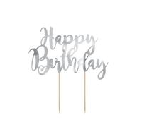 PartyDeco Cake topper en carton Happy Birthday argenté métallisé 22,5 cm – Taille unique