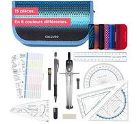 CALCUSO Set de géométrie PRO en trousse bleue avec compas, règle, rapporteur et équerre - Pour école, college, bureau et université