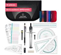 CALCUSO Set de géométrie PRO en trousse noire avec compas, règle, rapporteur et équerre - Pour école, college, bureau et université