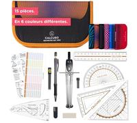 CALCUSO Set de géométrie PRO en trousse orange avec compas, règle, rapporteur et équerre - Pour école, college, bureau et université