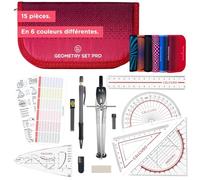 CALCUSO Set de géométrie PRO en trousse rouge avec compas, règle, rapporteur et équerre - Pour école, college, bureau et université