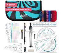 CALCUSO Set de géométrie PRO en trousse turquoise avec compas, règle, rapporteur et équerre - Pour école, college, bureau et université