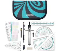 CALCUSO Set géométrie PRO en trousse turquoise avec compas, règle, rapporteur et équerre - Pour école, college, bureau et