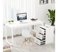Caldion Bureau d'angle en Forme de L avec 3 Tiroirs Table de réversible en Forme de L Poste Bureau de Rangement pour Le Bureau à Domicile Étude Salon 130x60x75cm Blanc