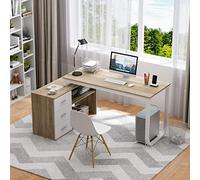 Caldion Bureau d'angle en Forme de L avec 3 Tiroirs Table de réversible en Forme de L Poste Bureau de Rangement pour Le Bureau à Domicile Étude Salon 130x60x75cm Bois&Blanc