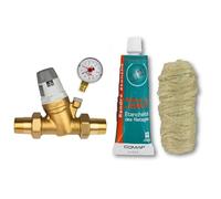 Caleffi Réducteur de pression d'eau 3/4" DN20 pour eau avec cartouche remplaçable et manomètre & Comap S102104 Kit de Etanchéité pâte à joint 50 ml avec bobine de filasse 40 g, Vert