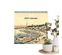 Calendrier 2027 design xylographique japonais Bloc mensuel blanc | Calendrier familial mural double spirale 21 x 21 cm pour salle de nseignant, bureau, maison, rendez-vous