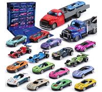 Calendrier Avent Enfant Garcon Cars 24 Voitures Miniatures + 2 Remorques Lanceurs pour Enfants 3-12 Ans Cadeau Fille Garçon Jouets de Course Métalliques
