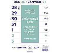 BREPOLS - 1 Calendrier à Feuillet Optivision (avec de gros chiffres et lettres) - 1 Semaine par Feuille - Jan. à Déc. 2022 - 21 x 29.7 cm