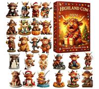 Calendrier compte à rebours 2026 en acrylique 2D Motif vache Highland 24 | Calendrier de compte à rebours de 24 jours avec figurine amusante de vache des Highlands, pour la maison, le salon