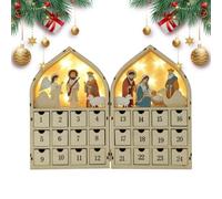 Calendrier compte à rebours en bois 24 tiroirs Jésus Boîte de l'Avent | Calendrier de compte à rebours de Noël en bois avec lumière LED pour chambre à coucher, chevet, bibliothèque, crèche, fête