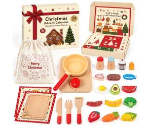 Calendrier de l'Avent 2026 Enfant, Accessoire Cuisine Enfant Bois, Dinette Bois avec Fruits et Légumes à Découper, 24 Surprises, Jeu de Rôle Petit Chef, Cadeau de Noël Fille Garçon 2 3 4 Ans