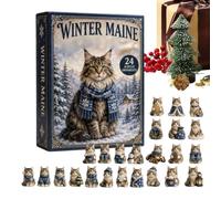 Calendrier de l'Avent 2026 Maine Coon Cat 24 jours en acrylique 2D | Lot de 24 pendentifs à suspendre en acrylique motif chat du Maine sur le thème de l'hiver, compte à rebours amusant pour les