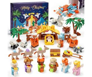 Calendrier de l'Avent 2026 sur le thème de la crèche de Noël pour enfants - Ensemble de 1244 pièces - 24 jours de crèche de Noël - Blocs de construction - Calendrier de l'Avent