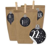 Calendrier de l'Avent à remplir - 24 pochettes cadeaux et 24 autocollants et pinces à chiffres - boules à motifs en carton optique - à remplir soi-même et à bricoler - Noël - Mini Set No 60
