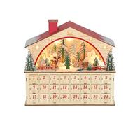 Calendrier de l'Avent LED en bois forme maison scène fôret enneigée avec rennes - 24 tiroirs - rouge naturel