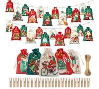 Calendrier de l'Avent Vide à Remplir 2026, Kit Complet DIY avec 24 Pochettes en Tissu Réutilisables, Décoration Festive & Cadeau Original pour Enfants et Adultes (Rouge-Vert 24 pièces)
