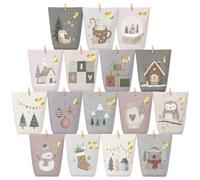 Calendrier de l'Avent Vide à Remplir, 24 Sachets en Papier, 16 Motifs | Kit Calendrier de l'Avent DIY, 24 Pochettes Hiver Pastel, 8 Designs Recto Verso, Pinces en Bois, Ficelle de Jute 10 m