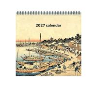 Calendrier mural 2027 annuel design xylographique japonais Bloc mensuel | Calendrier familial mural à double spirale, 21 x 21 cm, pour salle de nseignant, bureau, maison, rendez-vous