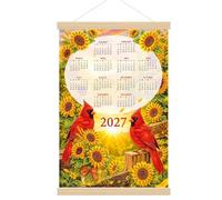 Calendrier mural 2027 avec peinture diamant, planificateur annuel sur 12 mois | Toile imperméable avec cadre rustique en bois suspendu, thème cardinal et de Noël - 01-Tournesols