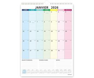 Calendrier mural familial grand format 18 mois, janvier 2026 à juin 2027, 31x43 cm coloré MEMO