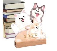 Calendrier scolaire 2026 sur le thème des animaux de compagnie pour bureau - Agenda scolaire avec base en bois Motif chiot Organisation quotidienne maison école bureau