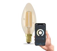 CALEX Ampoule Filament Dorée Flamme B35 E14 CCT WiFi, 4,9W 470lm, Alexa/Google/Siri, Blancs 1800-3000K, dimmable, scénarios, sans pont, WiFi 2.4GHz