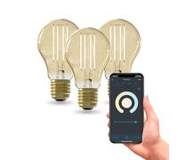 CALEX Lot de 3 Ampoules Filament Dorées LED A60 E27 CCT WiFi, 7W 806lm, Alexa/Google/Siri, Blancs 1800-3000K, dimmable, scénarios, sans pont, WiFi 2.4GHz