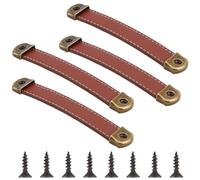 CALFOVERA Lot de 4 poignée de Tiroir en Cuir Synthétique Marron avec Lanières Style Vintage pour Commode Armoire Porte Valise Bagages Armoire