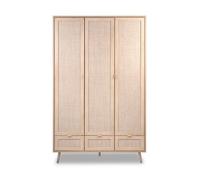 CALICOSY - Armoire 3 Portes 3 Tiroirs et 2 Penderies L120 cm - Impression Rotin - BALI - Bois clair