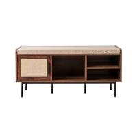 Calicosy - Banc à Chaussures Décor Noyer - 3 Niches et 1 Porte avec Façade en Tissu Beige - Métal Noir - Collection Jetson - Entrée, Chambre - L 100 x P 35 x H 45,5 cm