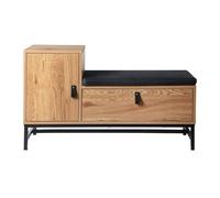 Calicosy - Banc Chaussures - Décor Chêne - Panneaux Particules - Piétement Métal - Poignées Effet Cuir - Tissu Polyester - 2 Rangements Fermés - Entrée, Dressing - Industriel - L 100 x P 38 x H 47 cm