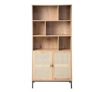 CALICOSY - Bibliothèque 6 Cases 2 Portes Rotin - Décor Bois - Panneaux Particules - Finitions Métal - Étagères, Placards - Séjour, Salon, Chambre - Design Industriel, Exotique - L 80 x P 35 x H 175 cm