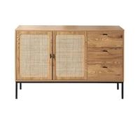 Calicosy - Buffet 2 Portes et 3 Tiroirs - Bois et Rotin - Collection Jaya - Meuble Buffet - Rangement Salon, Salle à Manger - Style Industriel - L 120 x P 35 x H 75 cm