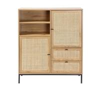 Calicosy - Buffet Haut 2 Portes, 2 Tiroirs, 2 Niches - Décor Bois - Rotin - Panneaux De Particules - Poignées Pieds Métal - Séjour, Chambre, Entrée - Industriel Et Exotique - L 100 x P 40 x H 120 cm