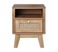 Calicosy - Table De Chevet 1 Tiroir 1 Niche - Décor Bois - Façade Rotin - Panneaux De Particules - Boutons Métal - pour Chambre, Salon, Bureau - Contemporain Et Exotique - L 39 x P 39 x H 49 cm