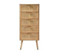 Calicosy - Chiffonnier 5 Tiroirs Façade Rotin - Décor Bois - Panneaux Particules FSC - Pieds en Pin Massif - Gain De Place - Chambre Ou Dressing - Style Exotique - L 36,5 x P 42 x H 100,5 cm