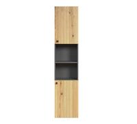 CALICOSY - Colonne de salle de bain rainurée 2 portes, 2 niches H186 cm - PUREBLISS - Chêne blond/ Gris anthracite/ Noir