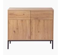Calicosy- Commode 2 Portes 2 Tiroirs - Décor Chêne - Panneaux De Particules FSC - Piétement Métal - Ouverture À Pression - Armoire Chambre Ou Buffet Séjour - Design Moderne - L 90 x P 40 x H 80 cm