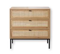 Calicosy - Commode 3 Tiroirs Façade Rotin - Décor Chêne - Panneaux De Particules - Poignées et Piétement Métal Noir - Armoire Chambre, Dressing Ou Salon - Design Industriel - L 80 x P 39 x H 79 cm