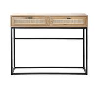 Calicosy - Console 2 Tiroirs - Cannage Rotin Naturel - Effet Bois Chêne Blond - Panneaux De Particules - Structure Métal Noir - Entrée, Couloir, Salon - Style Industriel - L 100 x P 35 x H 80 cm