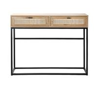 Calicosy - Console 2 Tiroirs - Cannage Rotin Naturel - Effet Bois Chêne Blond - Panneaux De Particules - Structure Métal Noir - Entrée, Couloir, Salon - Style Industriel - L 100 x P 35 x H 80 cm