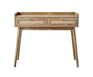 Calicosy - Console d’Entrée 2 Tiroirs - Façades en Rotin Naturel et Boutons Dorés - Pieds en Bois Décor Chêne - Collection Palmo - Salon, Entrée - L 100 x P 35 x H 85,2 cm