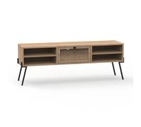 CALICOSY - Meuble TV 1 Porte, 4 Niches et Pieds en Métal L140 cm - Evan - Bois clair