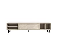 CALICOSY - Meuble TV 1 porte abattante et 4 niches décor travertin L160 cm - SAFIR - Beige